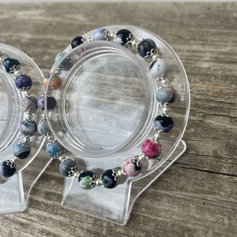 Colorful orca stretch bracelet silver tone black blue pink beads beaded NEW dyed
